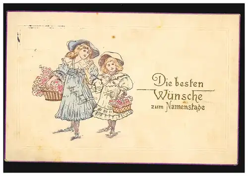 Prägekarte Namenstag Zwei Mädchenn mit Blumenkörben, KALDENKIRCHEN 17.11.1913