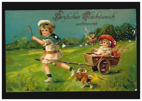 Prägekarte Namenstagskarte Mädchen mit Hund beim Spielen, KALDENKIRCHEN 13.7.13