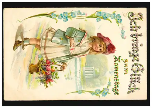 Carte de présentation Je porte chance à la fête des Noms Filles avec Panier, CREFELD 15.12.1905