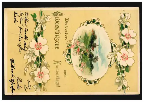 Carte de prénom Jour de la fête Paysage avec cadre floral, CREFELD 17.12.1904