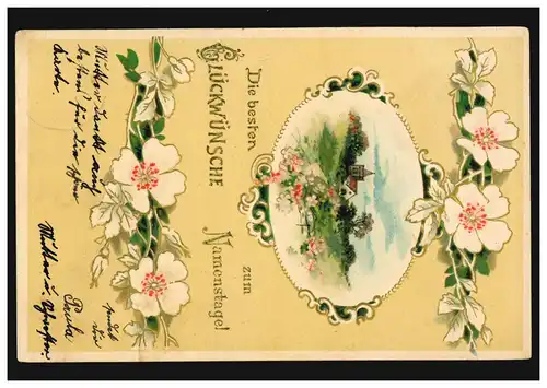 Prägekarte Namenstag Landschaftsbild mit Blumenrahmen, CREFELD 17.12.1904