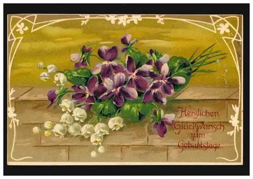Prägekarte Geburtstag Blumenstrauß auf Mauersims, aus HOHENKIRCHEN
