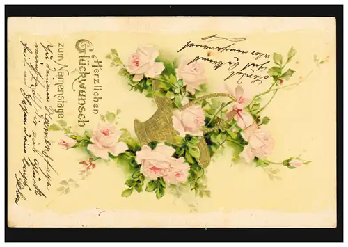 Carte de prédilection Félicitations pour le Panier de fleurs de la Journée Nominale avec Roses, VORST 25.11.1904