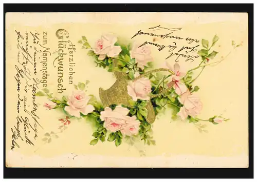 Prägekarte Glückwünsche zum Namenstage Blumenkorb mit Rosen, VORST 25.11.1904