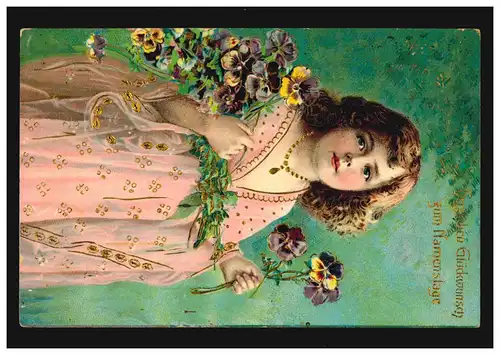 Prägekarte Glückwünsche zum Namenstage Mädchen mit Blumen, CREFELD 25.11.1910