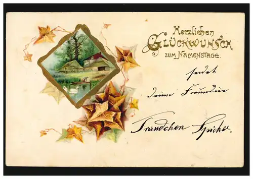 Prägekarte Glückwünsche zum Namenstage Bild im Efeurahmen, VORST 25.11.1905