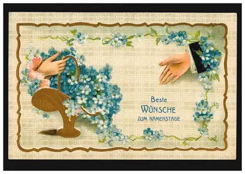 Prägekarte Beste Wünsche zum Namenstage Blumenkorb mit Händen, KÖNIGSBERG 1907