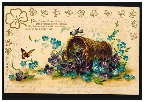 Carte de dessin de violette, panier avec papillon et oiseau, UNNA 3.4.1902