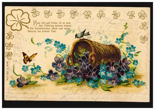 Prägekarte Veilchen, Korb mit Schmetterling und Vogel, UNNA 3.4.1902