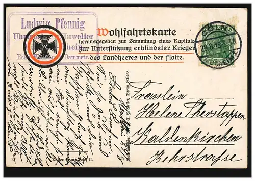 Wohlfahrt-Ansichtskarte Kaiser Franz Josef II., CÖLN 29.8.1915