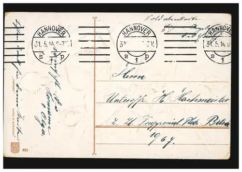 Carte de Pentecôte Penchée, postier de champ HANNOVER 31.1914