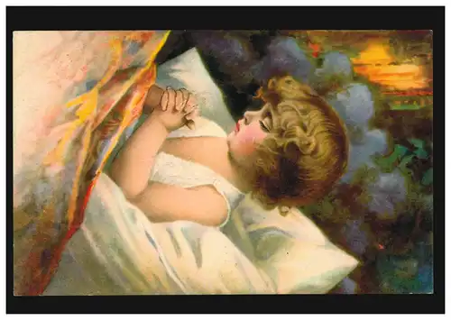 Carte de vue Enfants: Le matin - Fille de prière au lit, VIENNE 17.3.1926