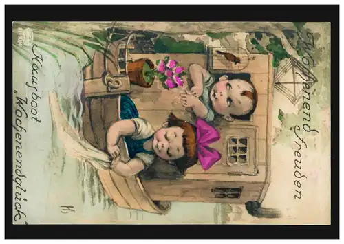 AK Enfants: Joyeux week-end - Péniche bonheur weekend, DÜSSELDORF 28.6.1927