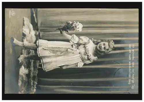 Foto-Ansichtskarte Kinder: Mädchen mit Blumen und Gedicht, NEUSS  24.11.1908