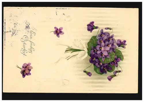 Prägekarte Ostern Veilchen-Blumenstrauß, PADERBORN 11.4.1914