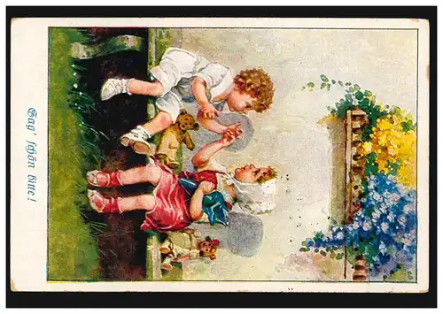 Carte postale Les enfants sur le banc: Dis-moi, KARLSRUHE 11.12.1922