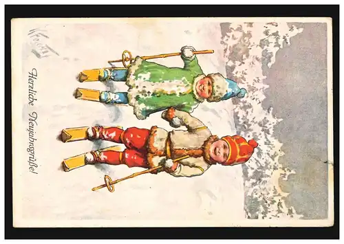 Ansichtskarte Neujahr Kinder beim Skilaufen, DRESDEN-ALTSTADT 31.12.1915