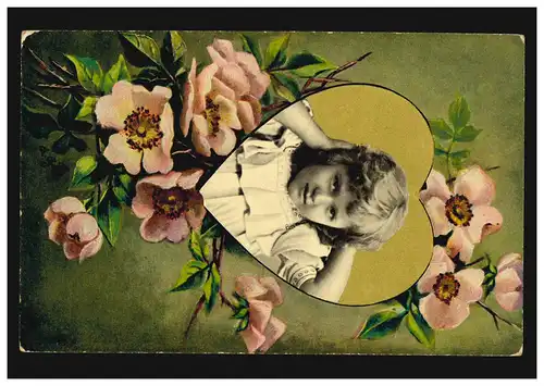 Ansichtskarte Kinder Mädchen-Portrait in Goldenem Herz mit Blumen IBURG 6.4.1912