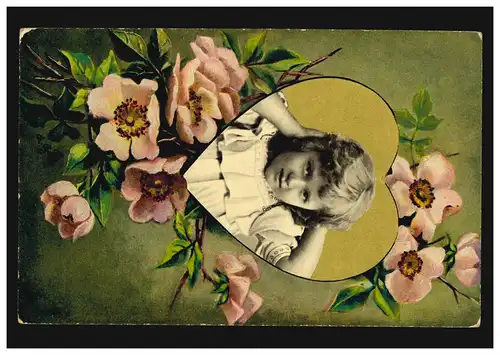 Carte Visualisant Enfants Portrait de Fille dans le Coeur d'Or avec Fleurs IBURG 6.4.1912