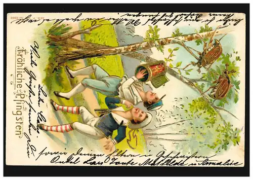 Prägekarte Pfingsten Jungen fangen Maikäfer, HAMBURG 23.5.1904 nach WILHELMSBURG