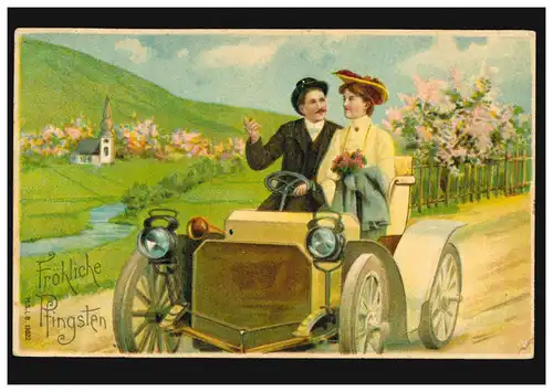 Carte de la Pentecôte Paire d'amour dans la voiture devant le paysage, KIEL 16.5.1907
