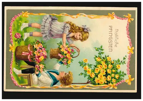 Carte de Pentecôte Filles et garçon avec paniers de fleurs, RETOUR DE BERS 3.6.1911