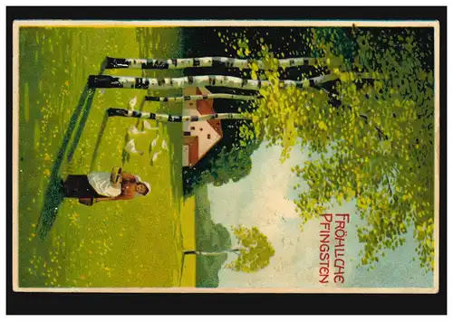 Prägekarte Pfingsten Landschaft mit Birken Gänsen Bäuerin, BENSBERG 4.6.1911