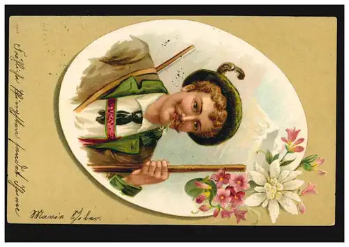 Prägekarte Pfingsten Jäger in Tracht mit Alpen-Edelweiß, MÜNCHEN 17.5.1902