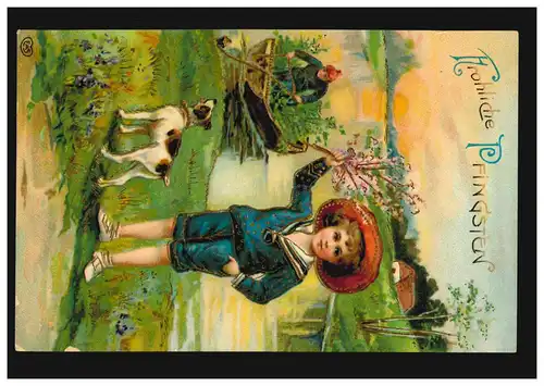 Carte de pré-présage Pentecôte Printemps sur la rivière avec bateau enfant et chien, BURSCHEID 25.5.12