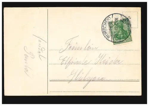 Carte de pré-présage Pentecôte Printemps sur la rivière avec bateau enfant et chien, BURSCHEID 25.5.12