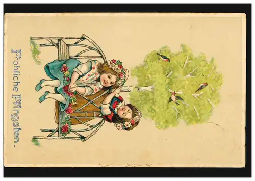 Prägekarte Pfingsten Mädchen auf Bank mit Birke und Vögel, RASTEDE 24.5.1912
