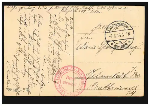 Carte de pré-remplacement Pentecôte, Feldpost Landst.-Batl. Hannover 7.6.16