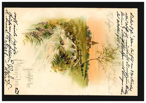 Carte de la Pentecôte Paysage du village avec ruisseau et cascade, POTSDAM 17.5.1902