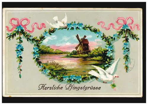 Carte de prévis Pentecôte Pigeons blancs avec moulin à gibier NOUVEAUTARD SUR LA MONTAGNE 18.5.1917