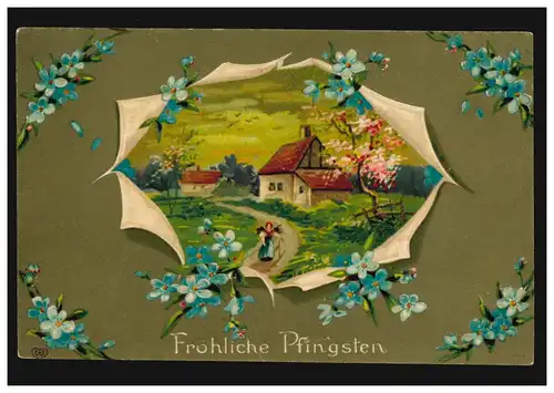 Carte de Pentecôte village paysage au début de la femme avec du bois, inutilisé