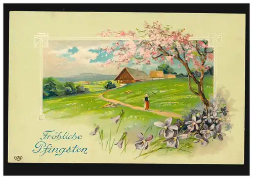 Carte de Pentecôte Paysage villageois avec paysanne et fleurs, BERNE vers 1910