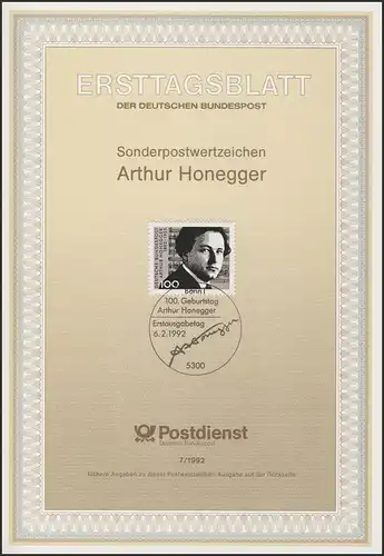 ETB 07/1992 - Arthur Honegger; Komponist