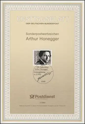ETB 07/1992 Arthur Honegger; compositeur