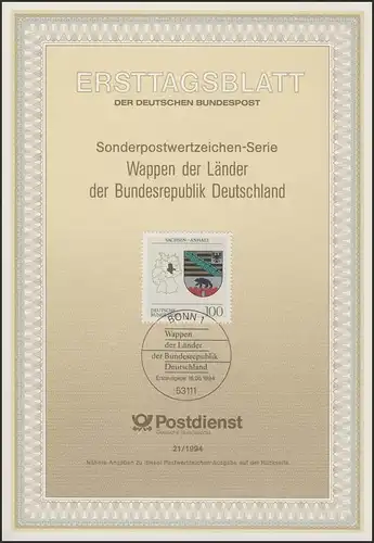 ETB 21/1994 Wappen der Länder: Sachsen-Anhalt