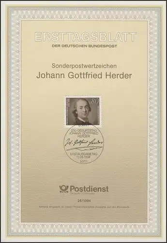ETB 26/1994 Johann Gottfried Herder, Schriftsteller