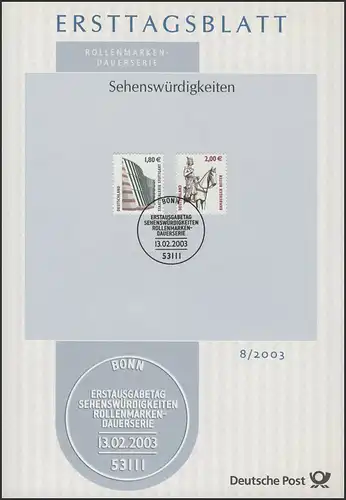 ETB 08/2003 SWK Staatsgalerie Stuttgart 1,80 Euro / Bamberger Reiter 2,00 Euro