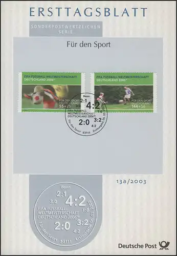 ETB 13+13a/2003 Sport FIFA Weltmeisterschaft, 2 Blätter mit 5 Marken komplett