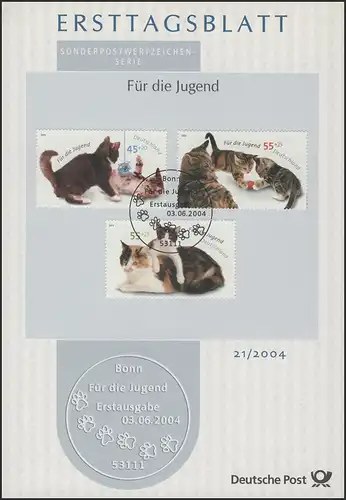 ETB 21/2004 et ET B 21a/2004 Pour les jeunes, les chats - 5 timbres complets