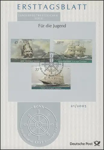 ETB 21/2005 et 21a/2005 Jeunesse, Grand Segler - 5 timbres sur deux ETb complète