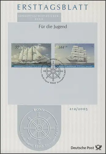 ETB 21/2005 et 21a/2005 Jeunesse, Grand Segler - 5 timbres sur deux ETb complète
