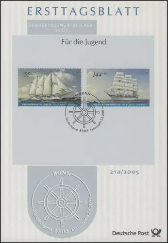 ETB 21/2005 et 21a/2005 Jeunesse, Grand Segler - 5 timbres sur deux ETb complète