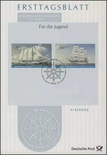 ETB 21/2005 und 21a/2005 Jugend, Großsegler - 5 Marken auf zwei ETB komplett