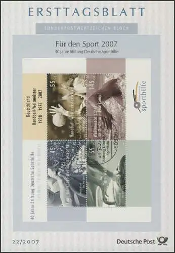 ETB 22/2007 Block 70 Sport, Handball, Turnen, Kanufahren, Moderner Fünfkampf