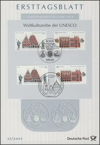 ETB 27/2007 UNESCO, Riga, Stralsund, Wismar, Hôtel de Ville - avec édition Lettonie