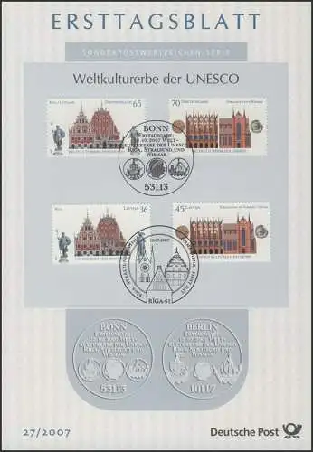 ETB 27/2007 UNESCO, Riga, Stralsund, Wismar, Hôtel de Ville - avec édition Lettonie